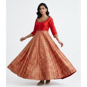 intage‎ Anarkali Gown Dress Red Gold Brocade Indo Western Bollywood Maxi Sz L